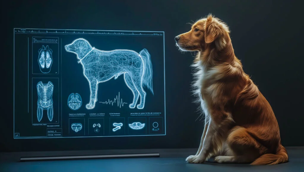 A dog sits in front of a digital screen showing its anatomy, asking "Which AI tool creates most realistic pets?"