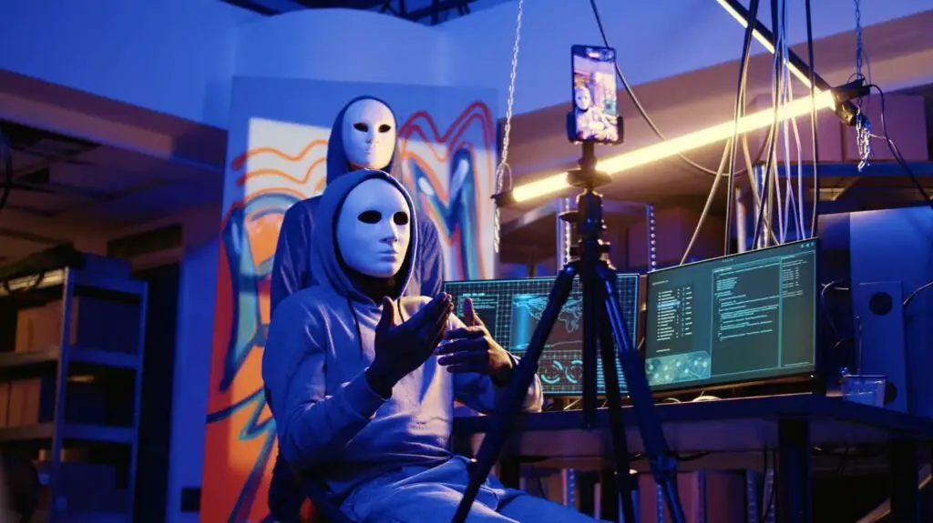 Masked AI avatars recording a video in a futuristic setup, symbolizing AI-driven video creation.