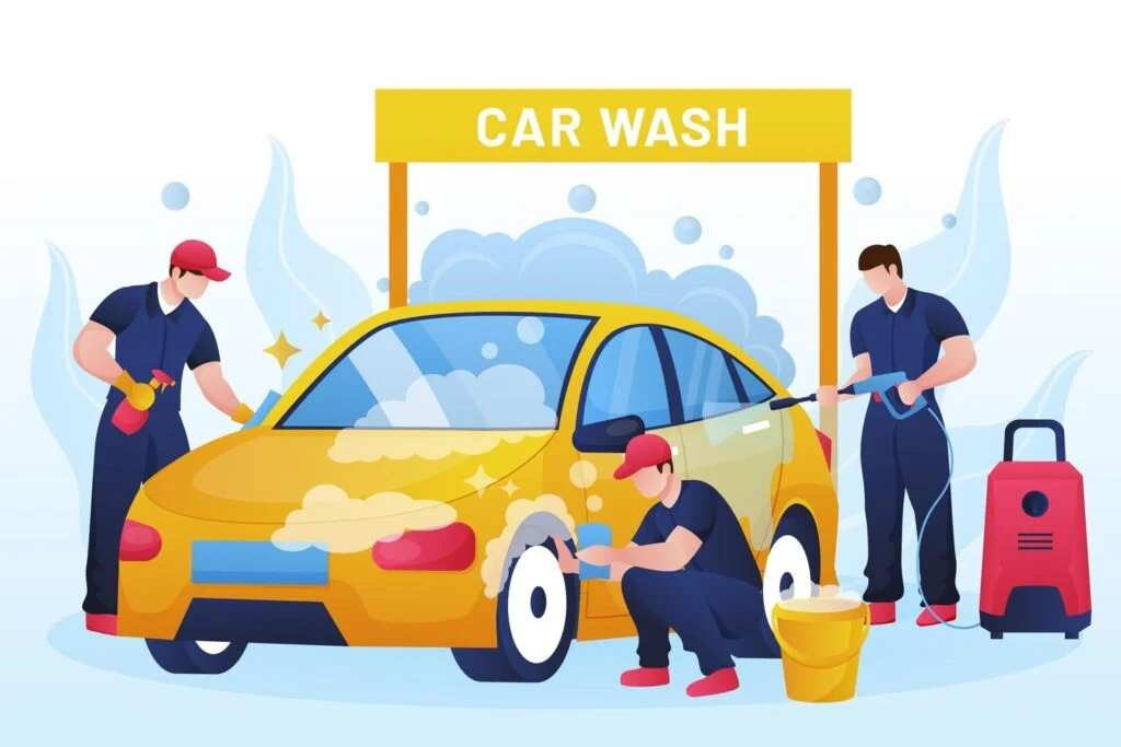 car washers are washing a car by preferring manual car wash over automatic car wash